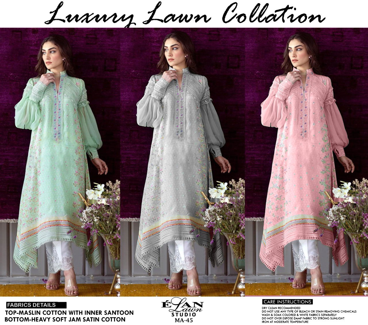 Elan Lawn Studio Ma 45 Designer Top With Bottom Collection